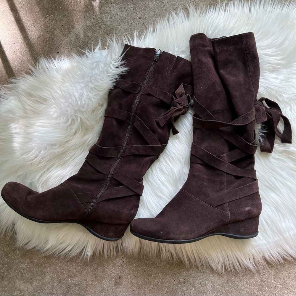 Me Too Brown Faux Suede Leather Wrap Up Knee High Wedge Boots